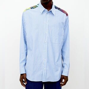 Pierre-Louis Mascia blue stripe cotton silk scarf paisley button down shirt XS